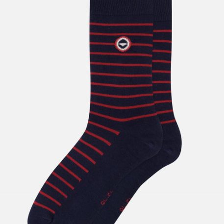 Chaussettes mi-hautes en coton - Robuste bleu marine à rayures rouge cerise