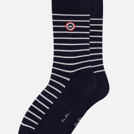 Chaussettes mi-hautes en coton - Robuste bleu marine à rayures blanches